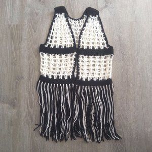 Boho Hippie Vintage Inspired Black and Off White Crochet Vest w/ Long Fringes